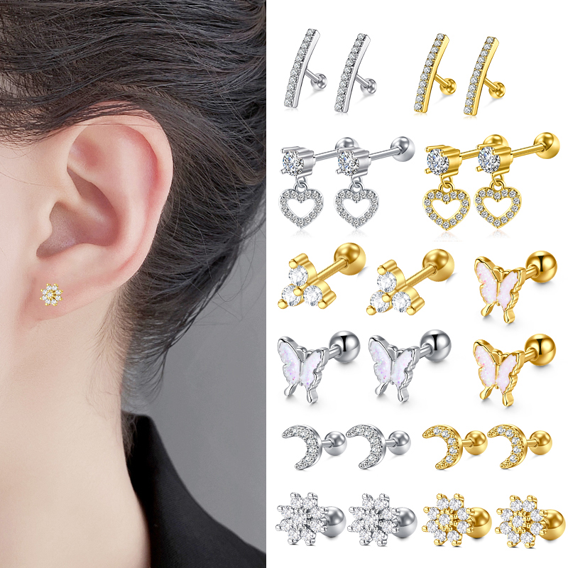 Women'S Ear Accessories - ต่างหูเจาะหูแบบ Helix 1 คู่สำหรับผู้หญิง ประดับเพชรซิคอนรูปหัวใจและผีเสื้อ อุปกรณ์เจาะหู