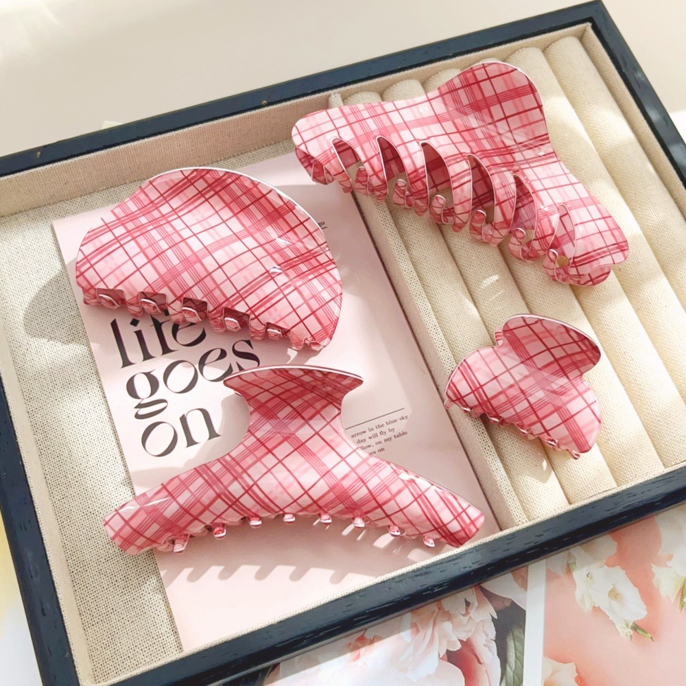 Women Accessories Online - กิ๊บติดผมลายตารางสีชมพูฟ้า เครื่องประดับผมสำหรับผู้หญิงและเด็กผู้หญิง กิ๊บหนีบผมขนาดใหญ่และเล็ก ดีไซน์หรูหรา รูปทรงฉลาม สำหรับตกแต่งทรงผม