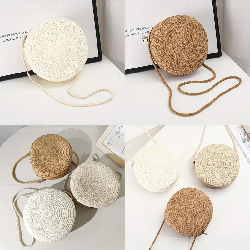 Women'S Accessories Purse - กระเป๋าสะพายข้างทรงกลมสานจากหวายสำหรับผู้หญิง ทำมือจากฟางถัก กระเป๋าสะพายไหล่ขนาดเล็กสำหรับชายหาด อุปกรณ์เสริมสำหรับวันหยุดฤดูร้อนแบบธรรมชาติ